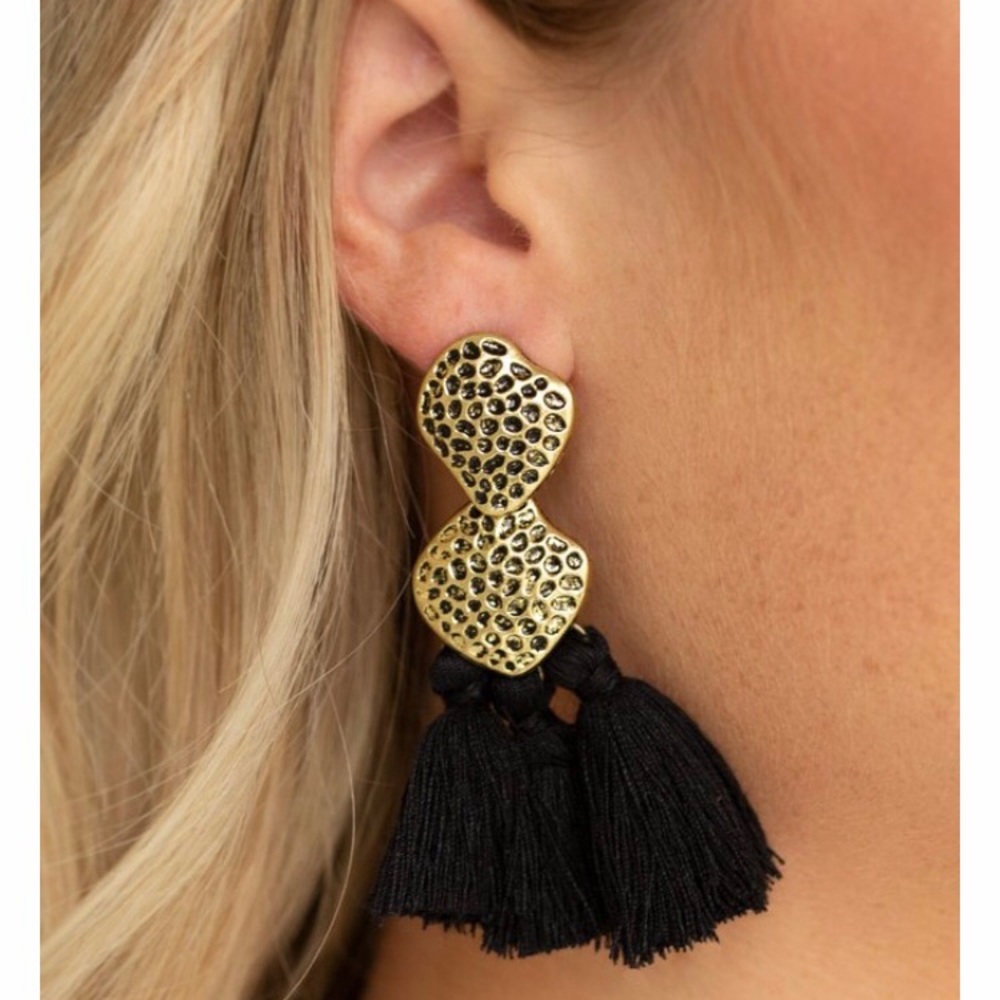 Ladies black brass tassels earrings.